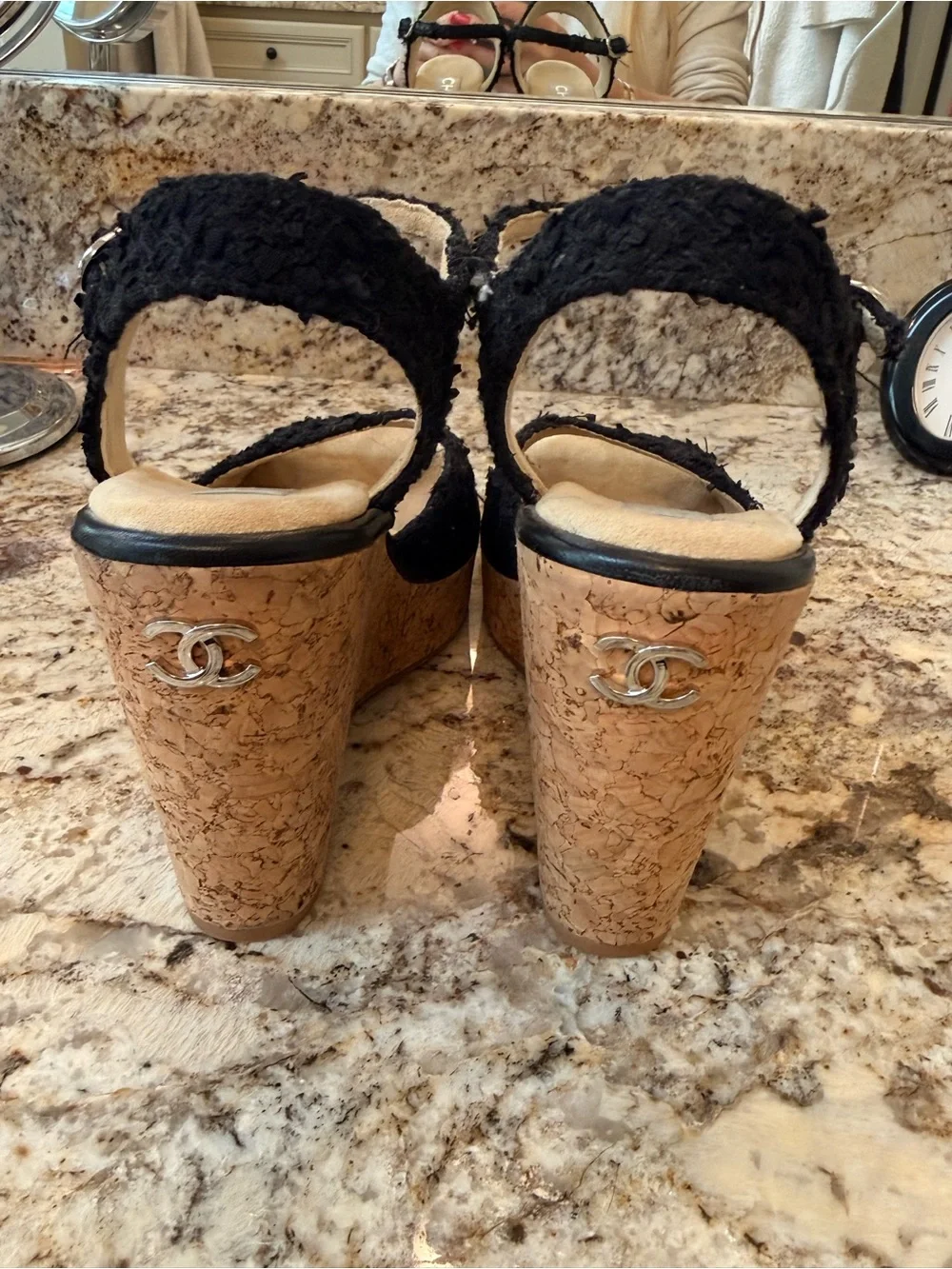 Chanel Cork Wedge platform cork Sandals Tweed CC Logo Slingback Size 38.5